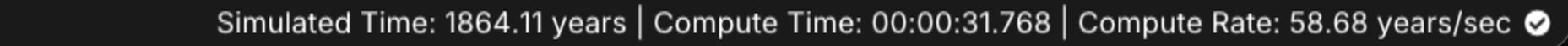 Status bar reading: Simulated Time 1864.11 years, Compute Time 00:00:31.768, Compute Rate 58.68 years per second.