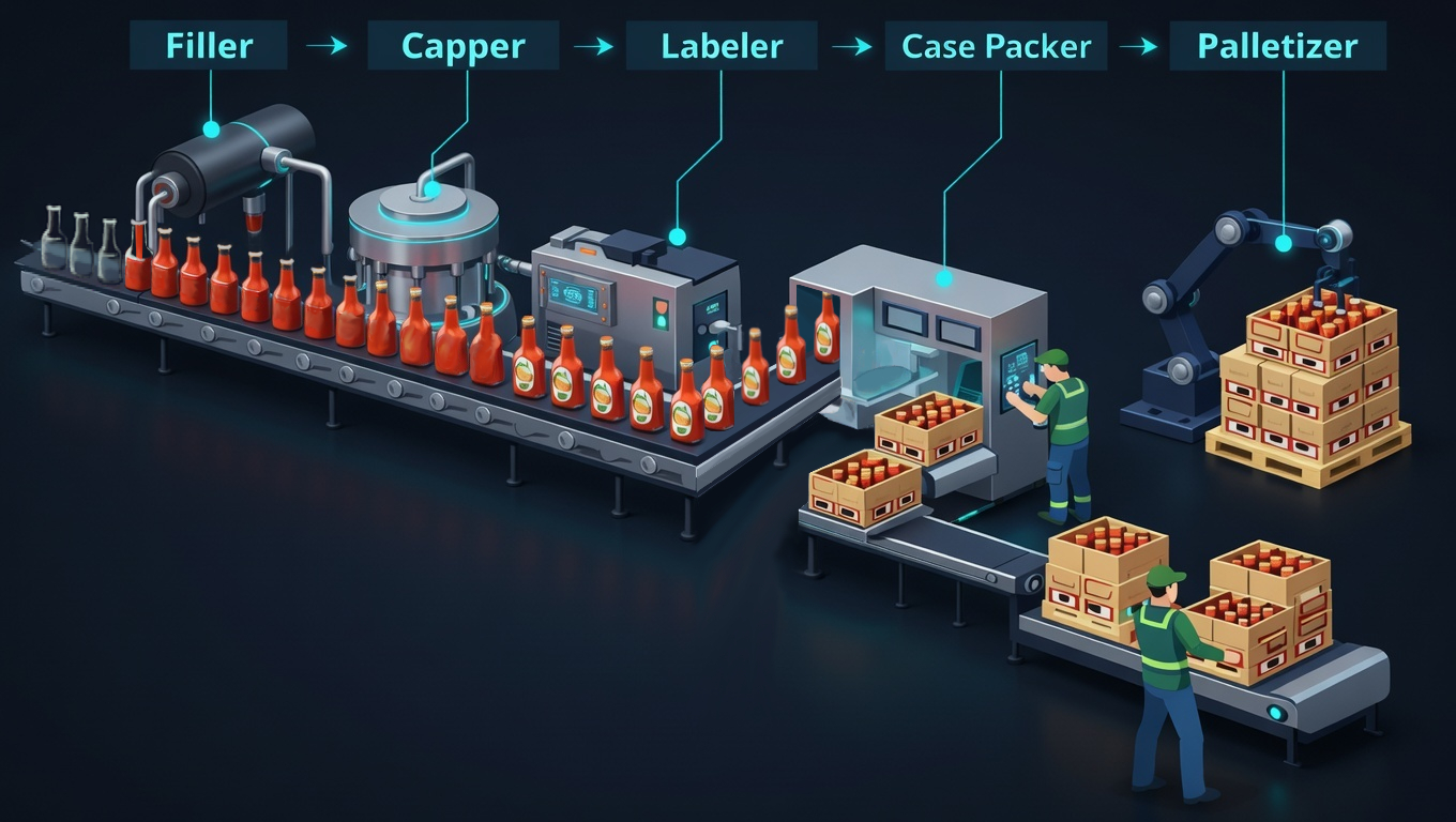 A bottling line — Filler, Capper, Labeler, Case Packer, Palletizer
