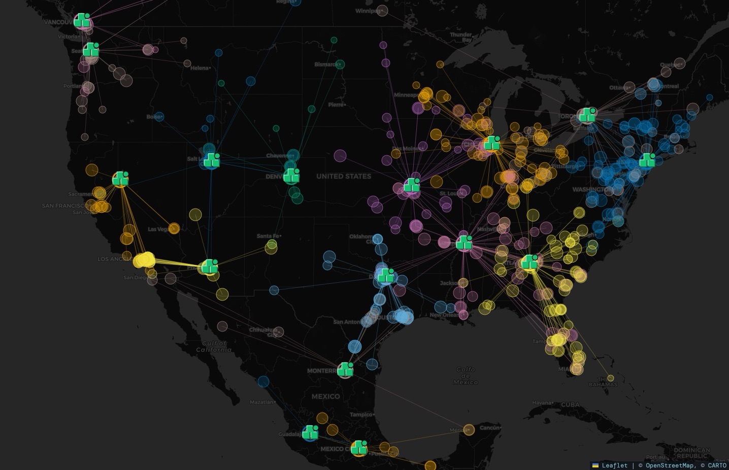 Map of North America with sixteen DCs. Customer demand points are colored by the DC that serves them, and many lines cross long distances to a DC that isn't the nearest one.